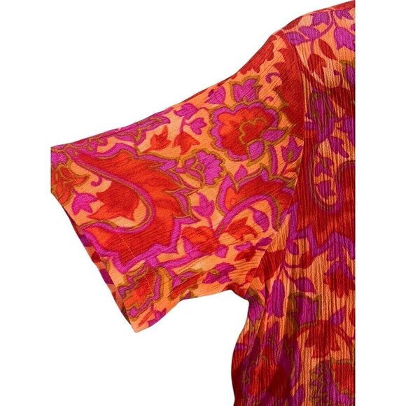 NY Co Top Women S Pink Button Down Crinkle Floral Gauze Striped Tunic Tropical - Picture 3 of 10